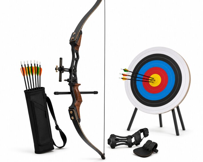 Arc recurve avec carquois, flèches et cible de tir